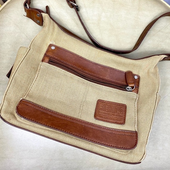 Relic By Fossil Tan Burlap Brown Leather Shoulder Bag Purse Canvas Handbag Tote - Picture 2 of 15